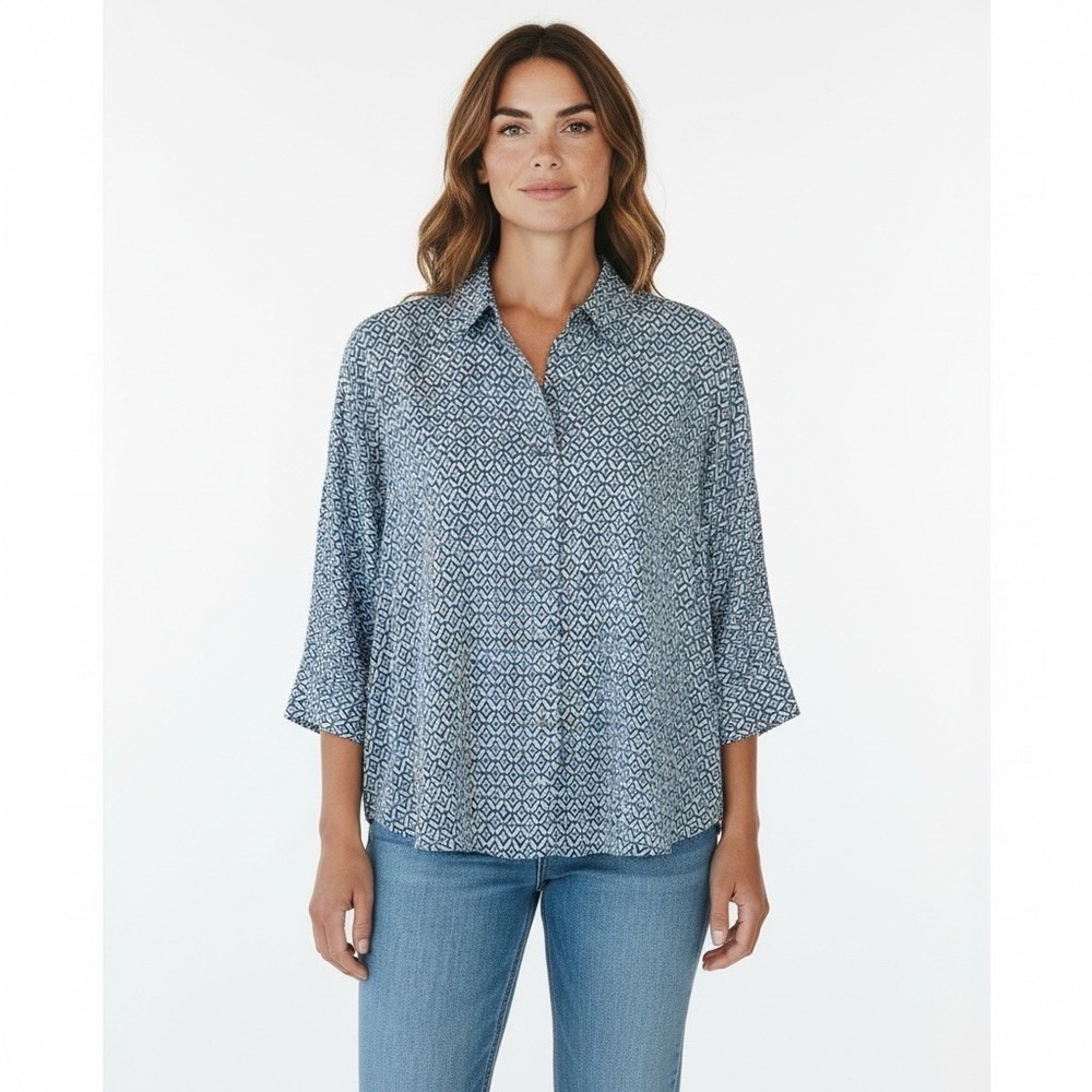 Chico's Women's 3 = XL 16-18 Boxy 3/4 Sleeve Button Up Blouse Blue Geometric EUC